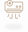 An illustration of a compact projector with three legs extending downward, casting light onto a surface below. The design is minimalistic, featuring a simple outline in beige against a dark background.