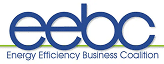 Logo of the Energy Efficiency Business Coalition (EEBC). The logo features the acronym 'eebc' in bold blue letters, with the full name 'Energy Efficiency Business Coalition' in smaller blue font beneath it. A green line runs under the acronym.