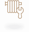 An illustration of a radiator with a wrench positioned above it, set against a dark background. The radiator is depicted in a beige color, while the wrench is also beige, creating a simple and recognizable icon for heating systems.
