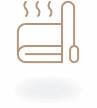 An illustration of a rolled towel with steam rising above it, accompanied by a smaller towel and a hook for hanging. The design is minimalistic, featuring a neutral color scheme of beige against a dark background.