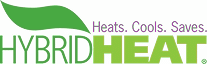 Logo for Hybrid Heat featuring the brand name in green and yellow. A green leaf design is integrated into the logo, with the tagline "Heat. Cool. Save." positioned below the brand name. The overall design emphasizes a focus on eco-friendly heating solutions.
