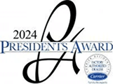 Logo for the 2024 Presidents Award, featuring a cursive letter "P" and the number "2024" above the text. The award is marked as a Factory Authorized Dealer by Carrier, indicated by a circular blue emblem at the bottom.