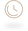 An illustration of a clock encircled by a simple line, positioned above a dark oval shape. The clock features two hands indicating time, with a minimalist design in neutral colors.