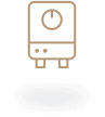 An illustration of a home appliance, likely a water heater or tankless heater. The device has a circular dial at the top and small indicator lights or buttons below. The background is dark, emphasizing the appliance.