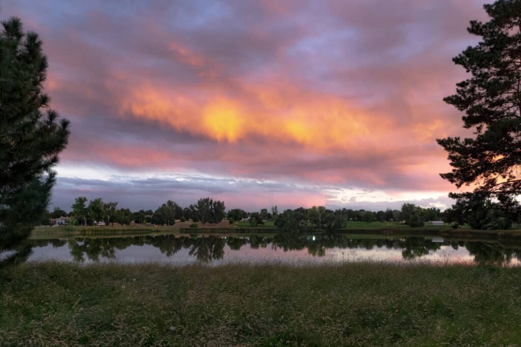 A tranquil landscape featuring a calm lake reflecting the colorful sky, which includes shades of orange and purple. Lush green trees line the shore, and tall grass is visible in the foreground, creating a peaceful natural setting.