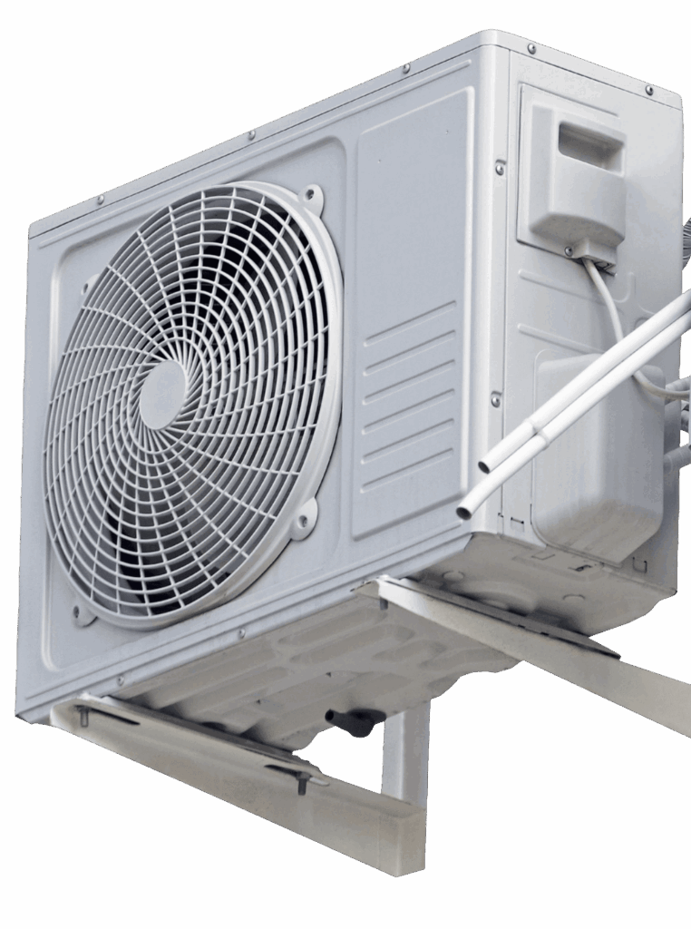 A rectangular air conditioning unit mounted on a wall. The unit features a prominent circular fan covered by a protective grille, with visible ventilation and power connections on the side. The exterior is a light gray color.
