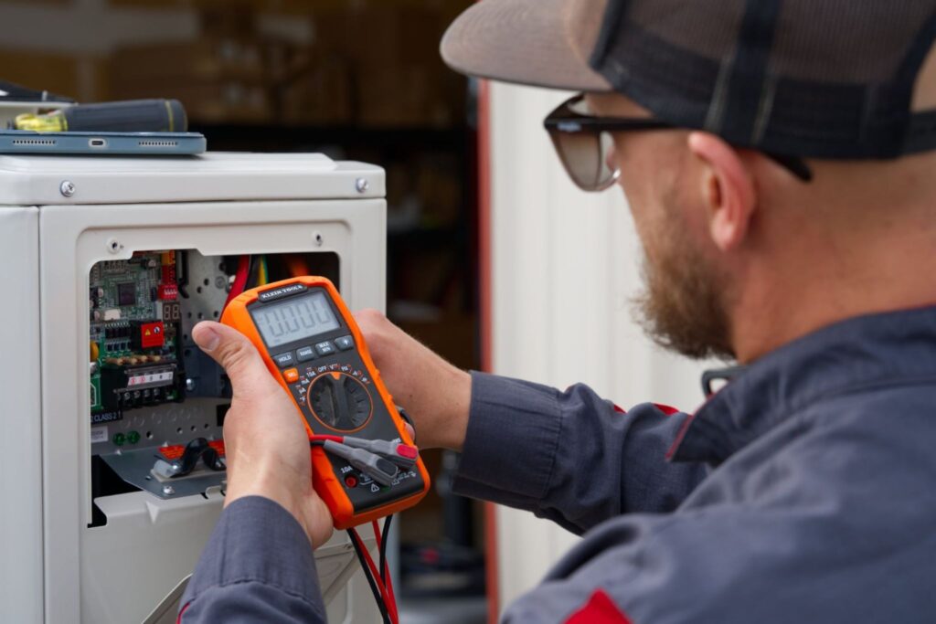 A technician in a cap and glasses uses an orange digital multimeter to test an open electrical panel, with wires and circuit components visible inside the cabinet.